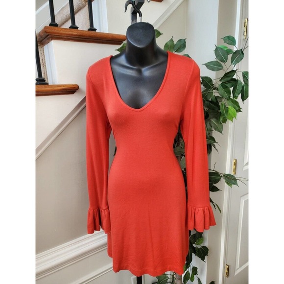 Lou & Grey Red Polyester Scoop Neck Long Ruffle Sleeve Knee Length Dress Size XS - Picture 12 of 12
